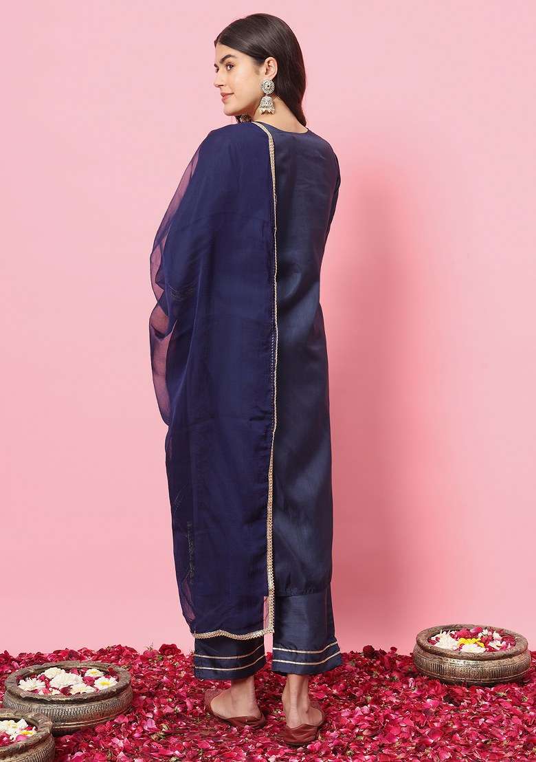 Blue Embroidered Silk Salwar Kameez With Dupatta - Indya