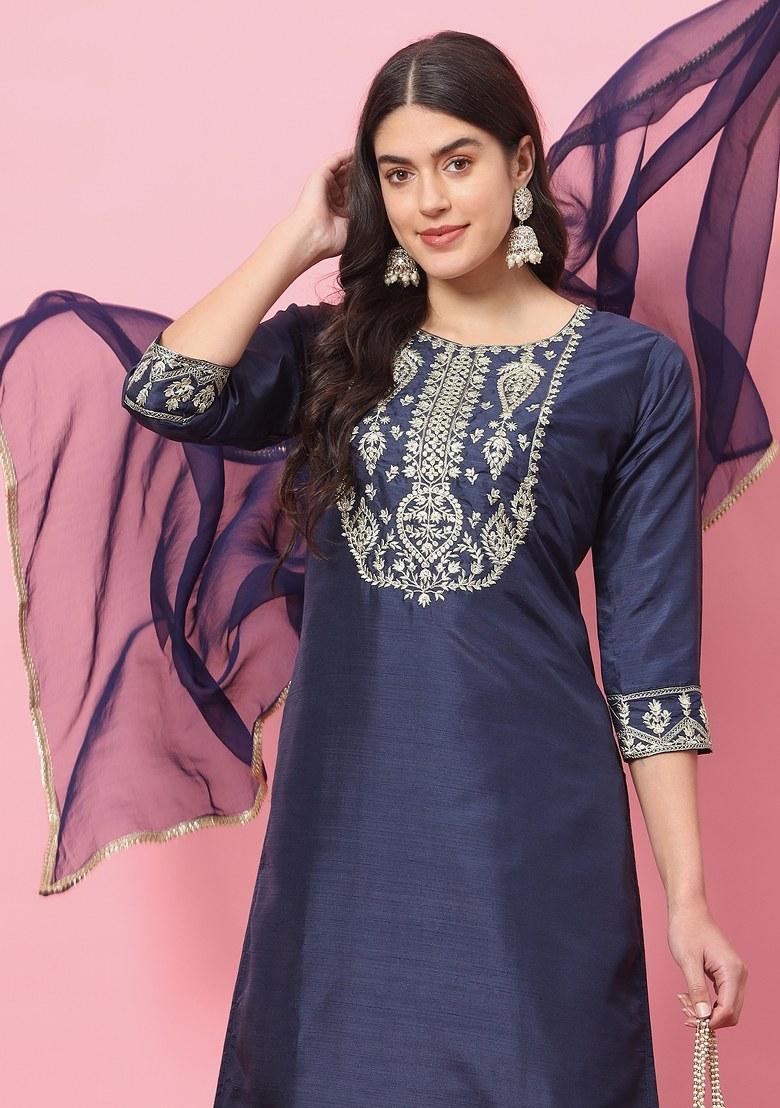 Blue Embroidered Silk Salwar Kameez With Dupatta