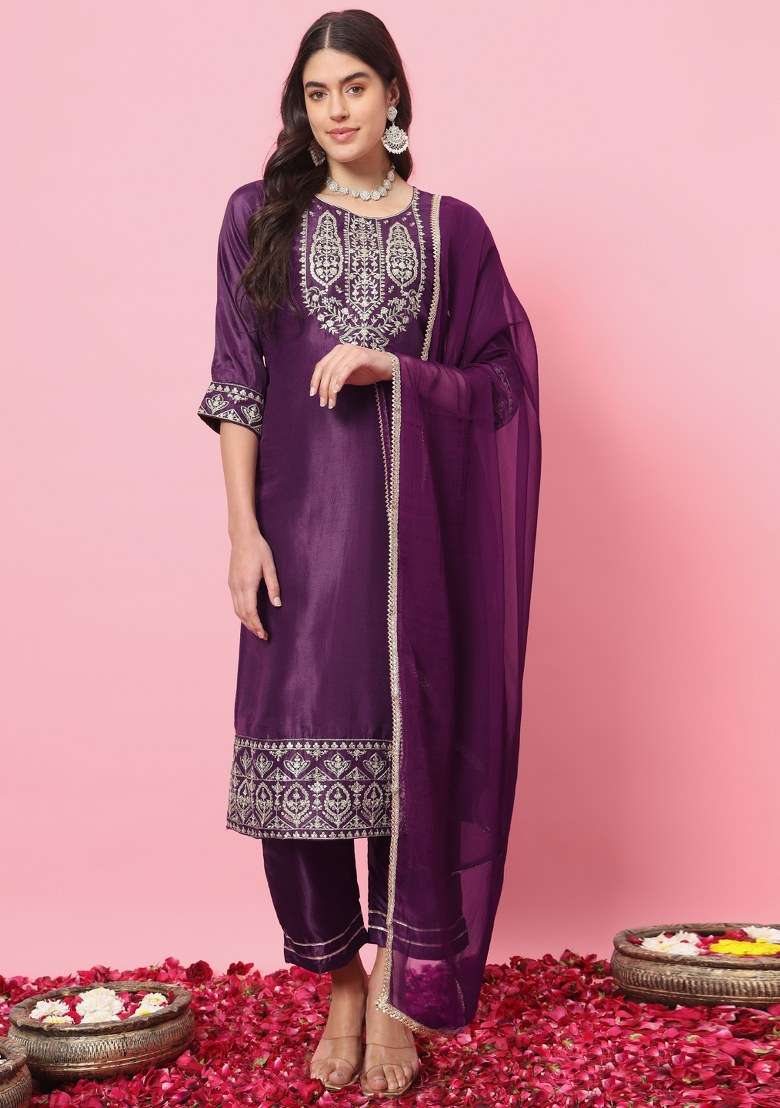 Purple Embroidered Silk Salwar Kameez With Dupatta - Indya