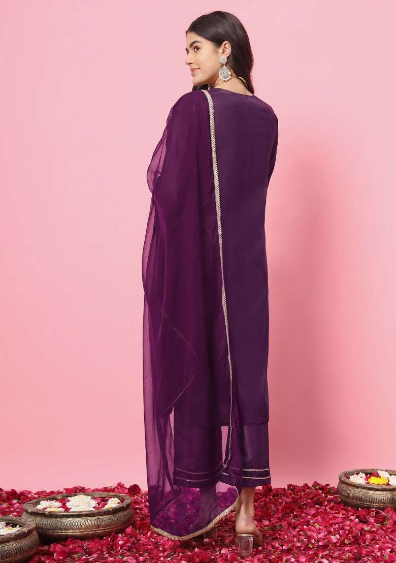 Purple Embroidered Silk Salwar Kameez With Dupatta - Indya