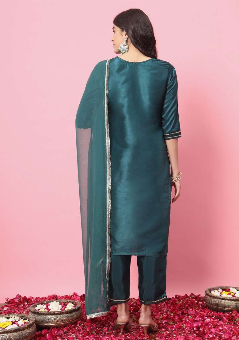 Green Embroidered Silk Straight Kurta Set - Indya