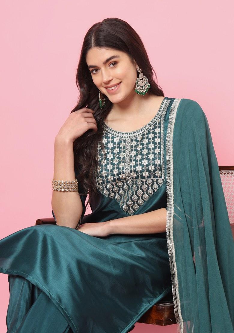 Green Embroidered Silk Salwar Kameez With Dupatta