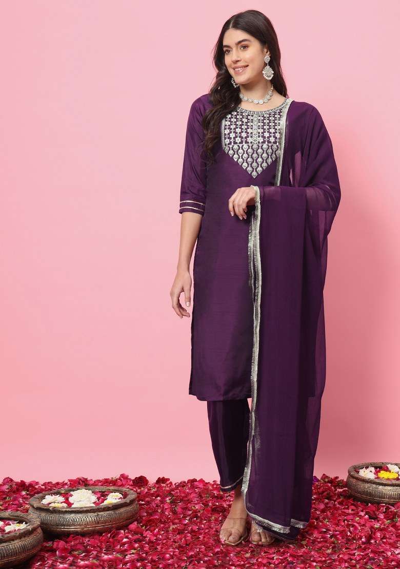 Purple Embroidered Silk Straight Kurta Set - Indya