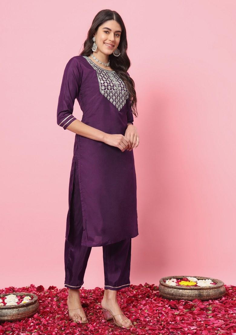 Purple Embroidered Silk Salwar Kameez With Dupatta