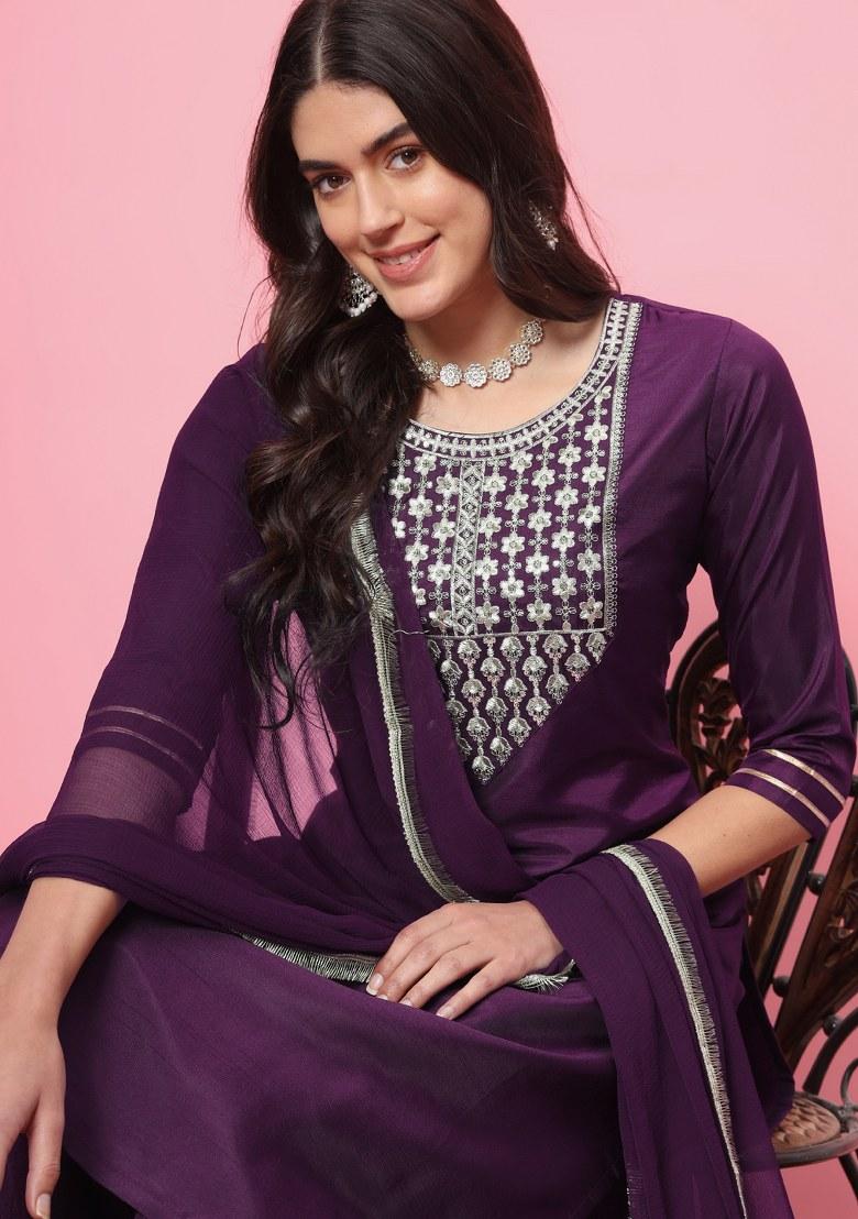 Purple Embroidered Silk Salwar Kameez With Dupatta
