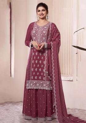 Mauve Embroidered Chiffon Palazzo Set With Dupatta