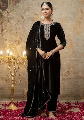 Black Embroidered Velvet Salwar Kameez With Dupatta