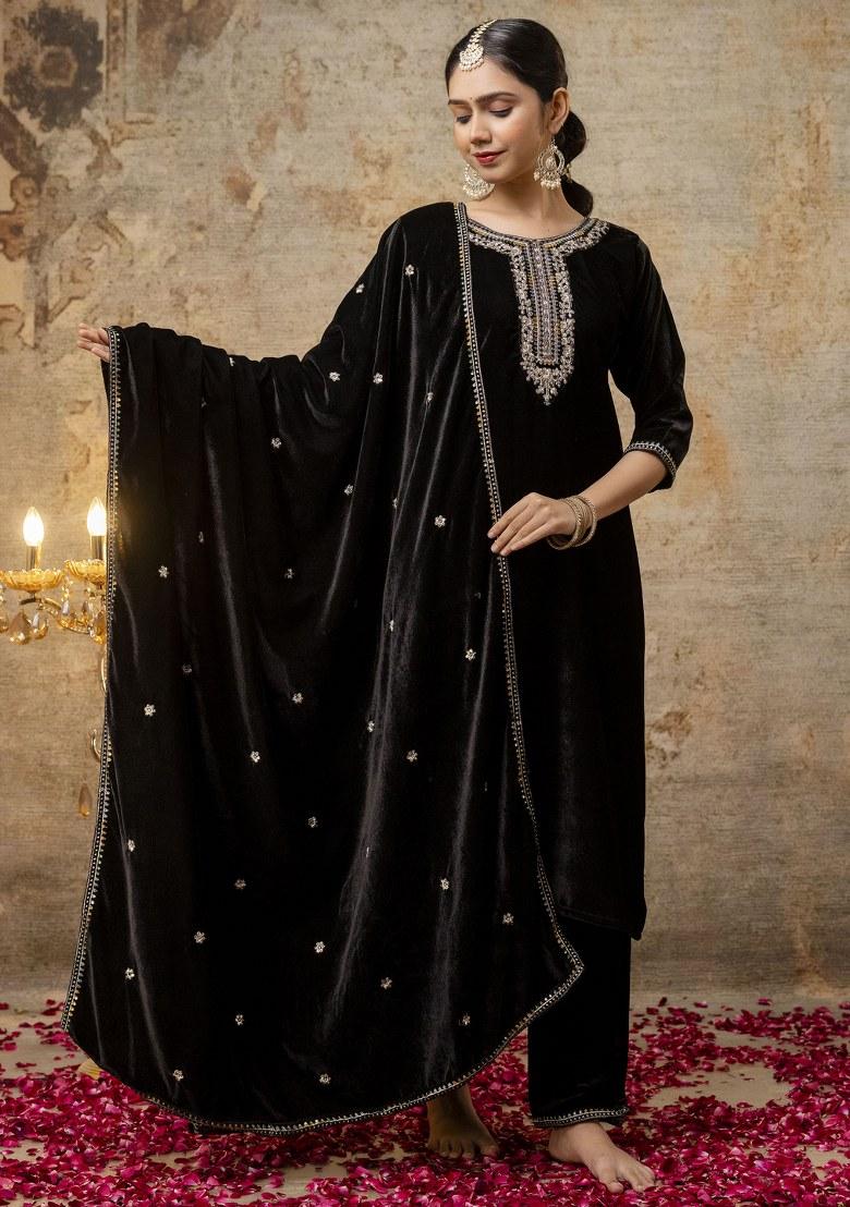 Black Embroidered Velvet Salwar Kameez With Dupatta