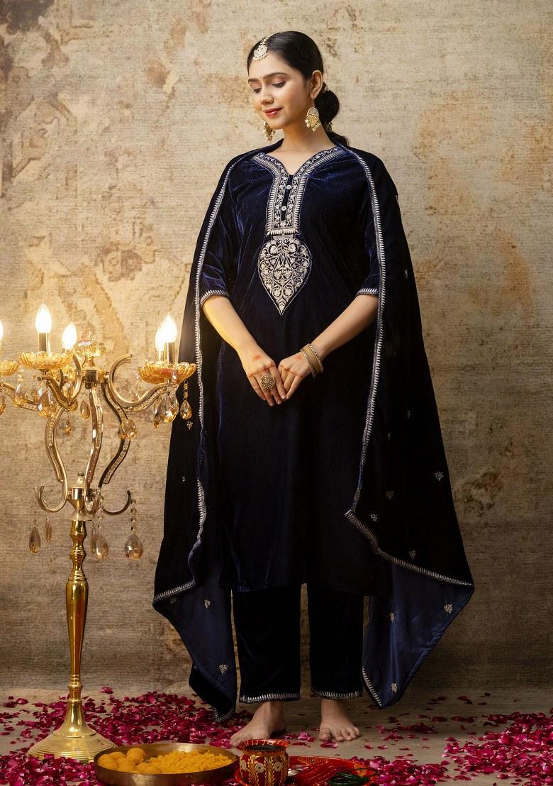 Blue Embroidered Velvet Salwar Kameez With Dupatta
