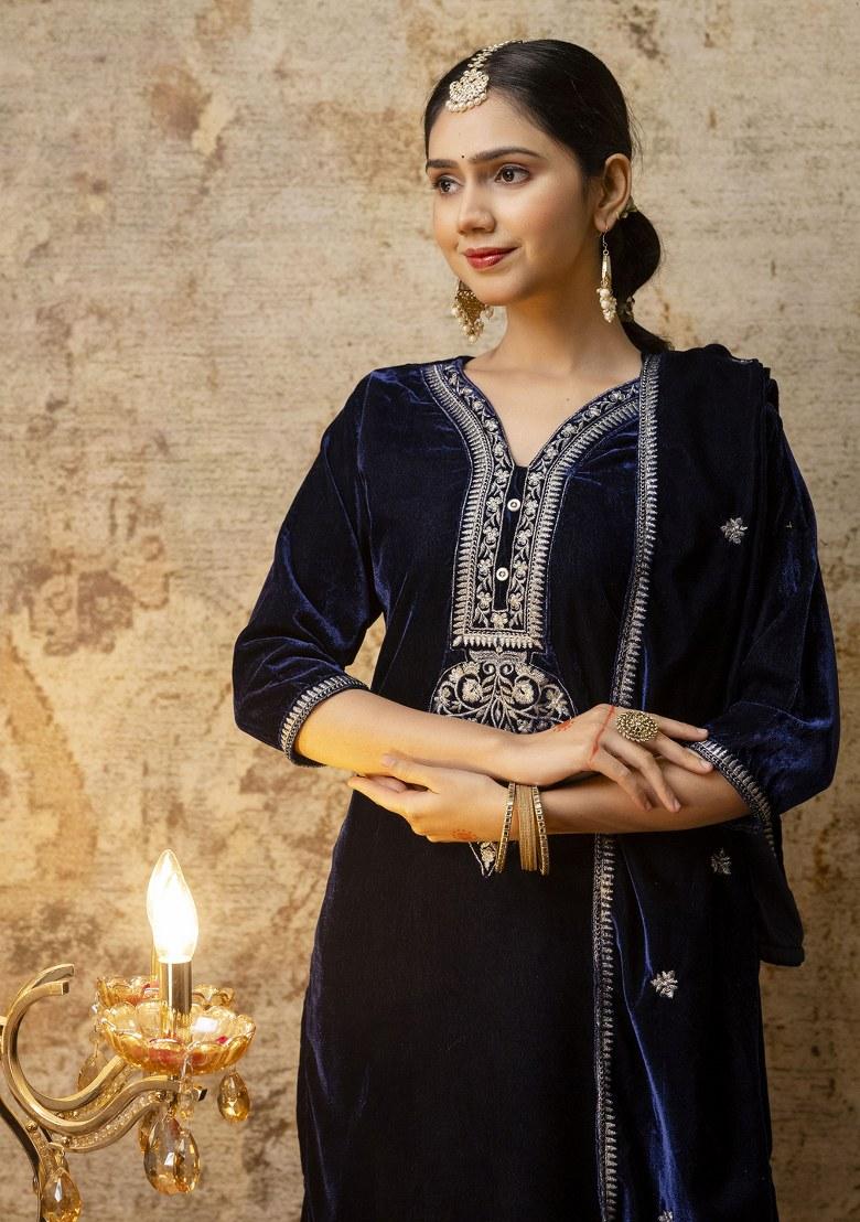 Blue Embroidered Velvet Salwar Kameez With Dupatta