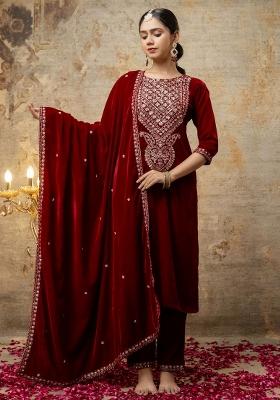 Maroon Embroidered Velvet Salwar Kameez With Dupatta