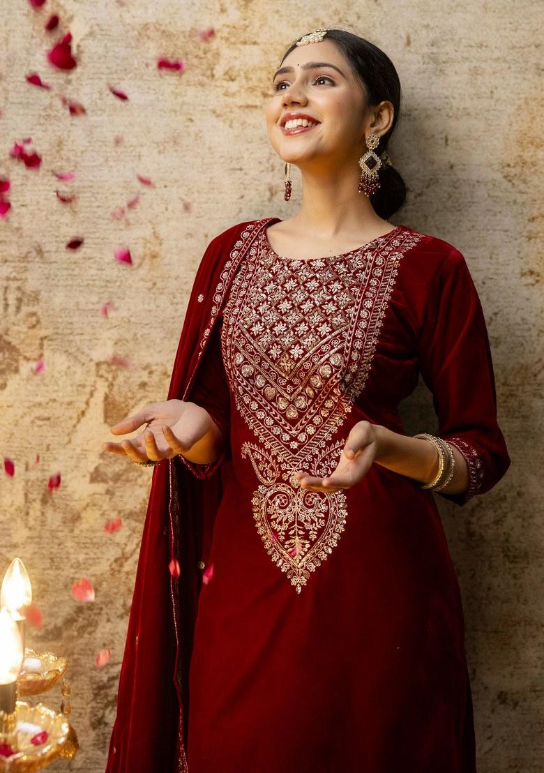 Maroon Embroidered Velvet Salwar Kameez With Dupatta