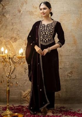 Purple Embroidered Velvet Salwar Kameez With Dupatta