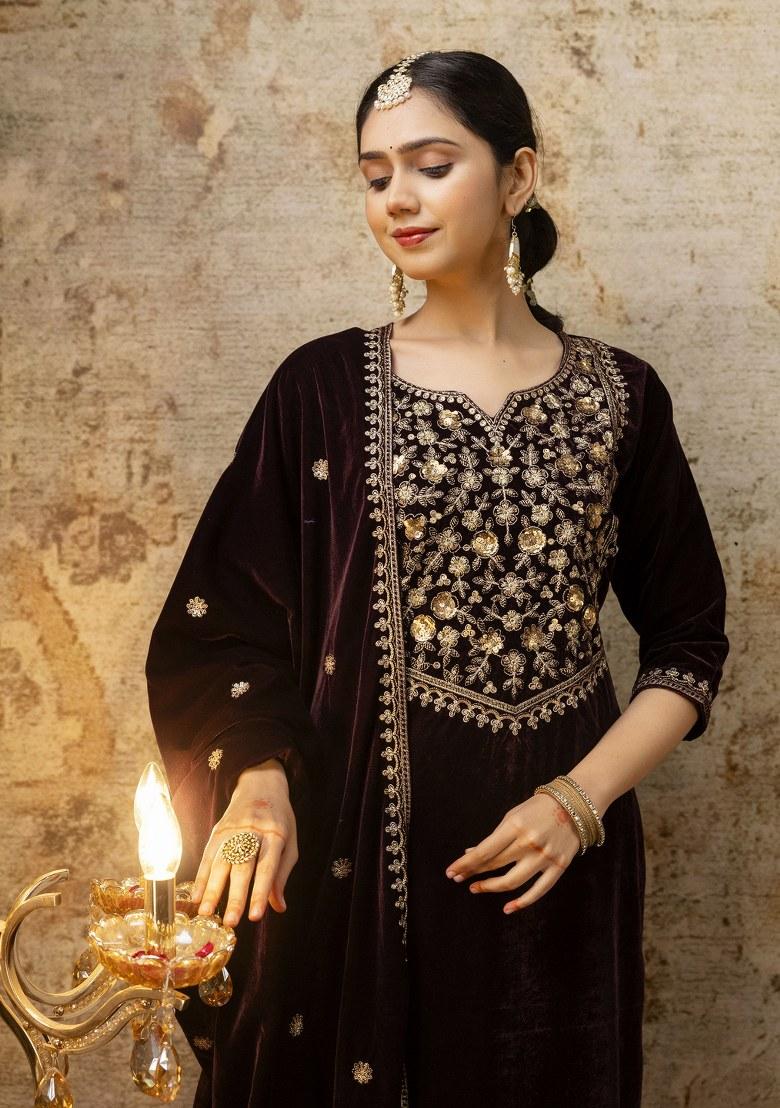Purple Embroidered Velvet Salwar Kameez With Dupatta