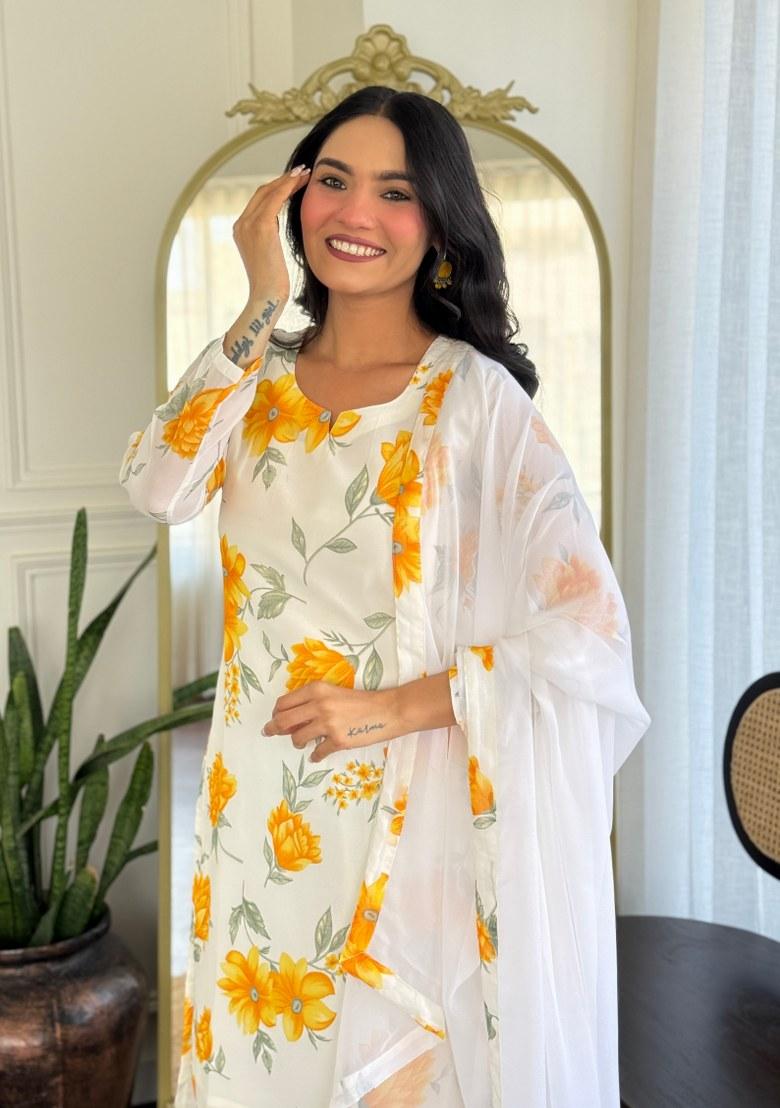 Off White Printed Georgette Salwar Kameez With Dupatta