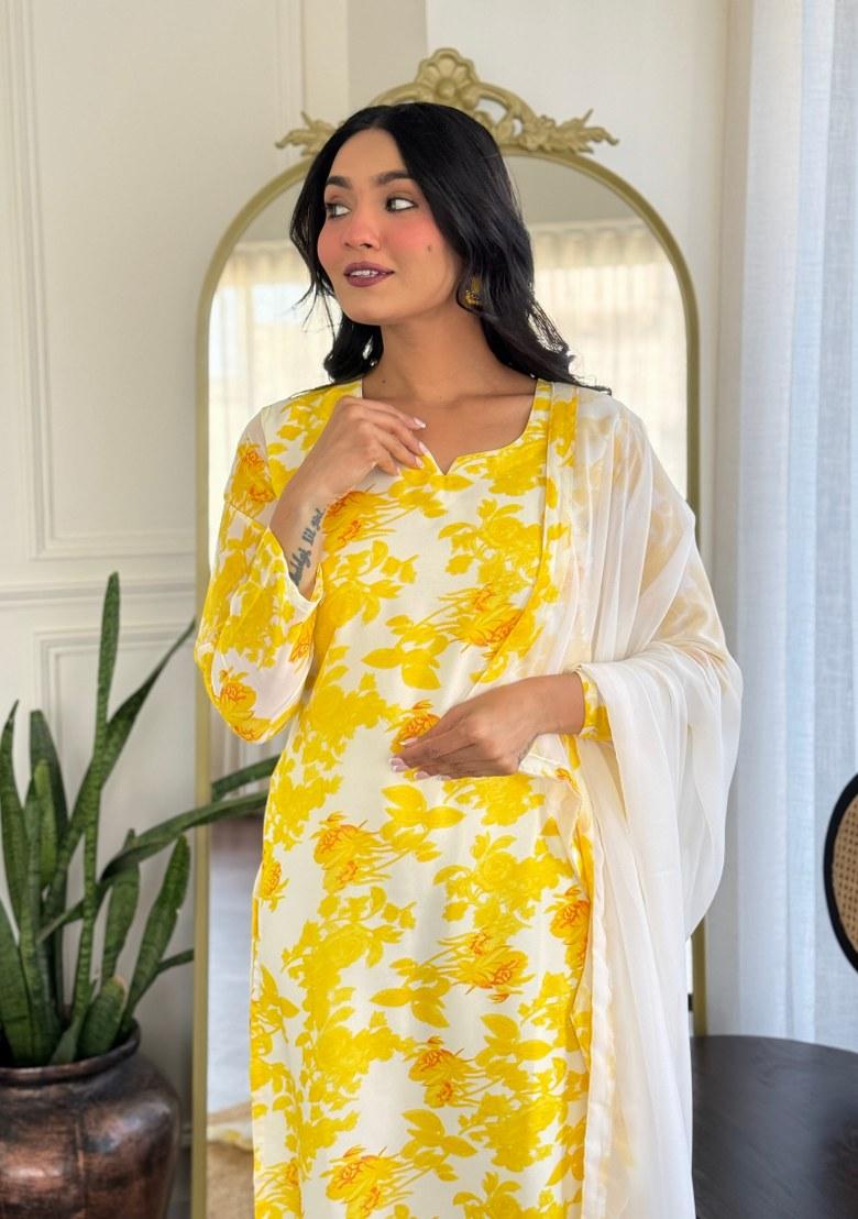 Yellow Printed Georgette Salwar Kameez With Dupatta