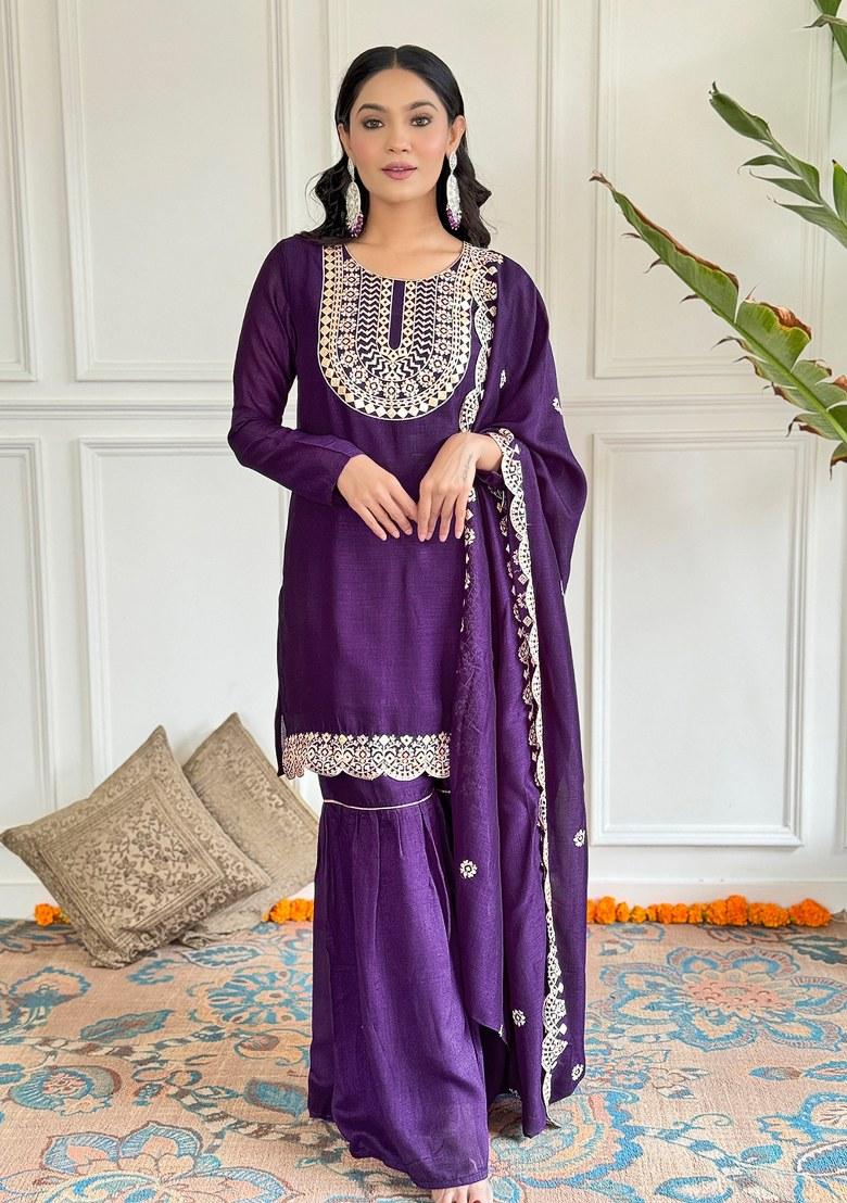 Wine Embroidered Art Silk Salwar Kameez With Dupatta