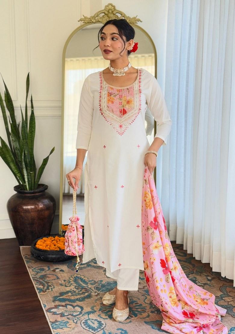 Off White Printed Rayon Salwar Kameez With Dupatta