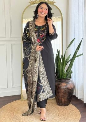 Black Woven Art Silk Salwar Kameez With Dupatta