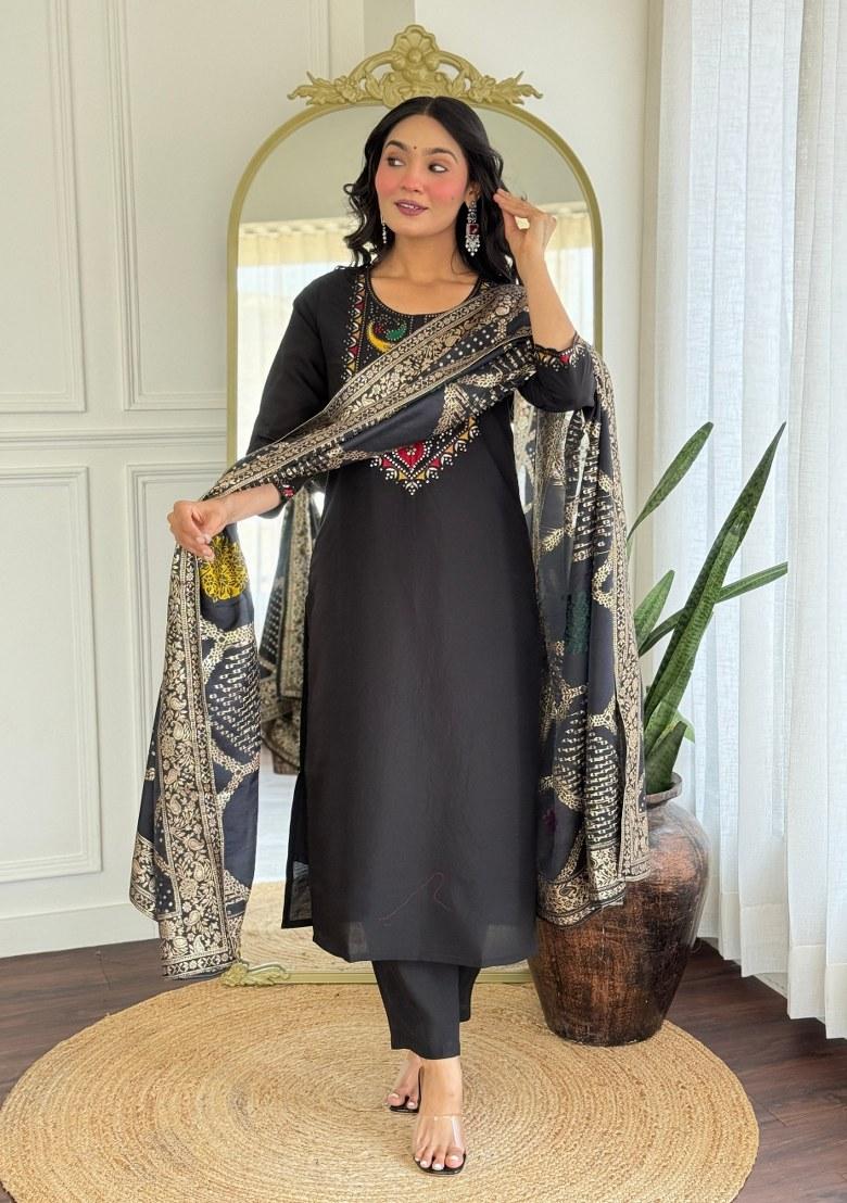 Black Woven Art Silk Salwar Kameez With Dupatta