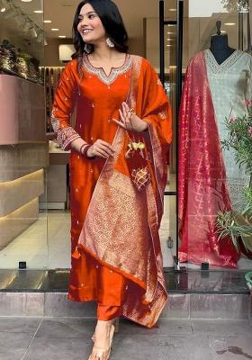 Orange Embroidered Art Silk Salwar Kameez With Dupatta
