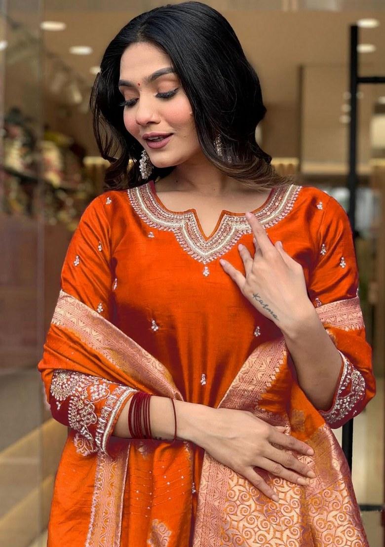 Orange Embroidered Art Silk Salwar Kameez With Dupatta