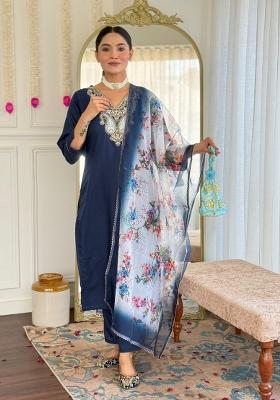 Blue Printed Rayon Salwar Kameez With Dupatta