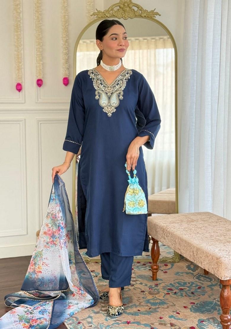 Blue Printed Rayon Salwar Kameez With Dupatta