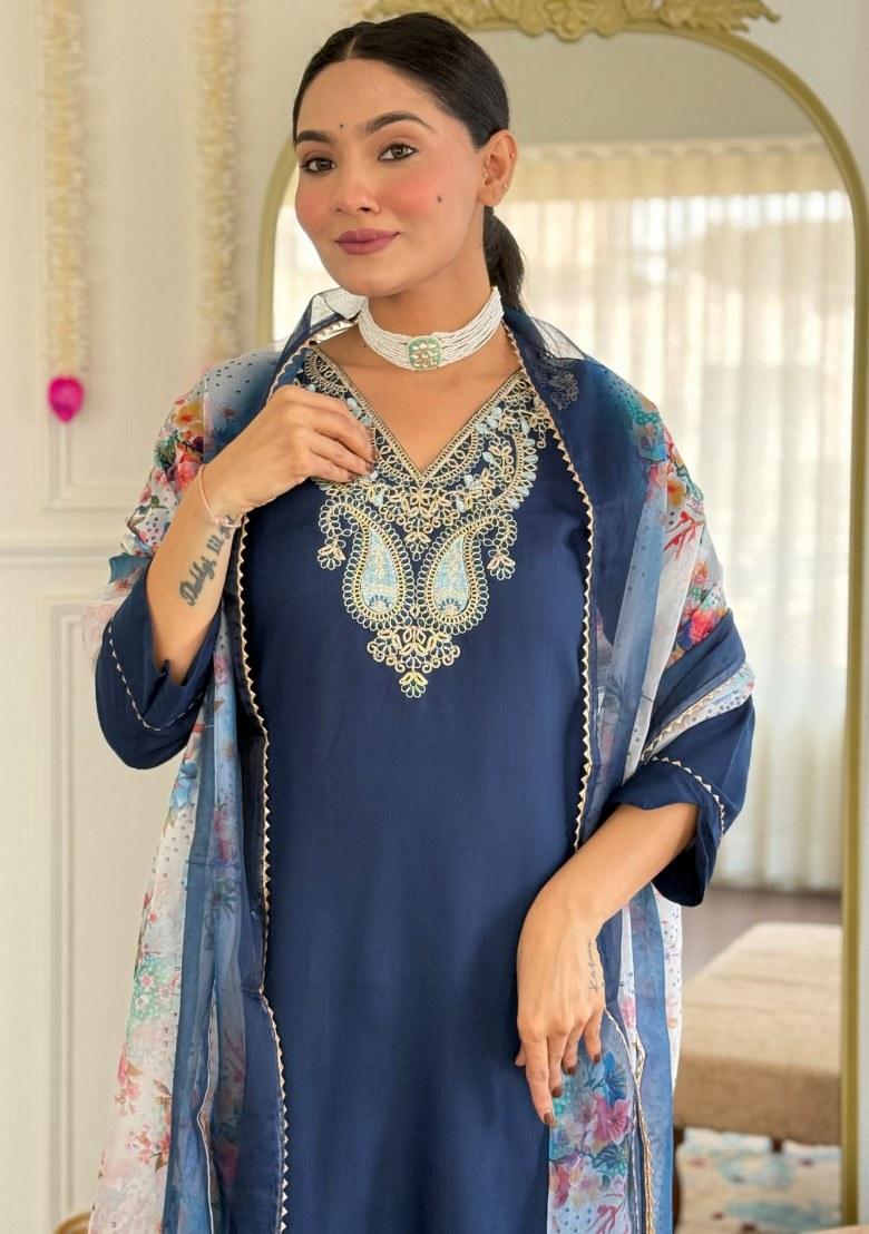 Blue Printed Rayon Salwar Kameez With Dupatta