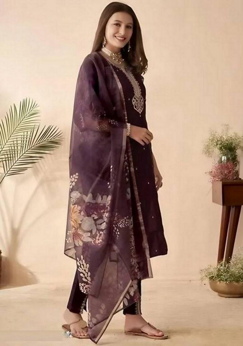 Wine Printed Chanderi Salwar Kameez With Dupatta
