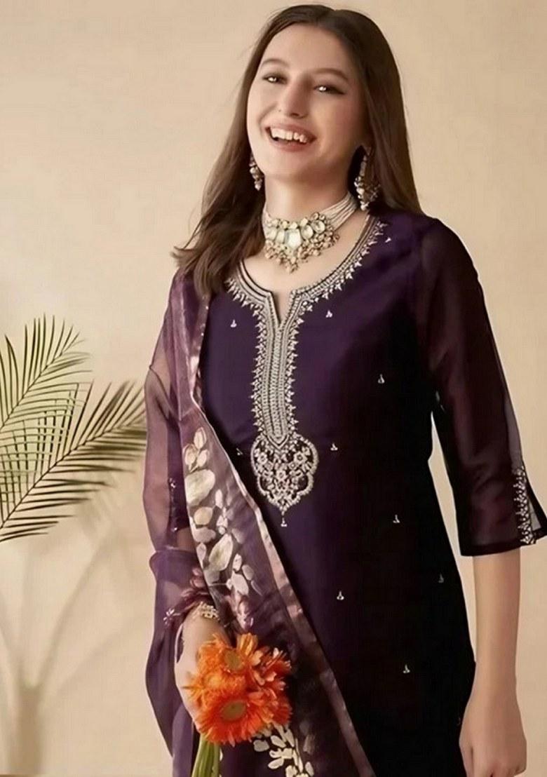 Wine Printed Chanderi Salwar Kameez With Dupatta