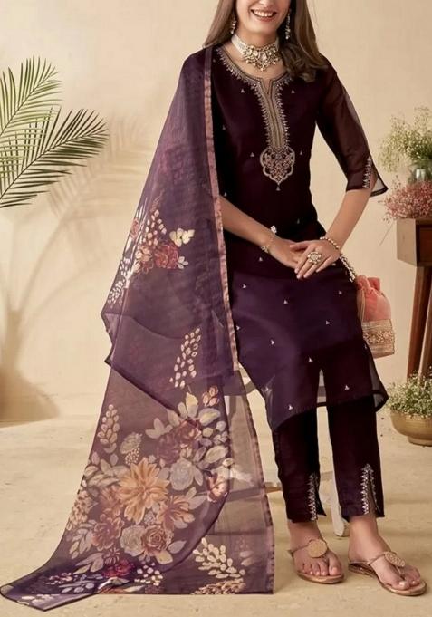 Wine Printed Chanderi Salwar Kameez With Dupatta