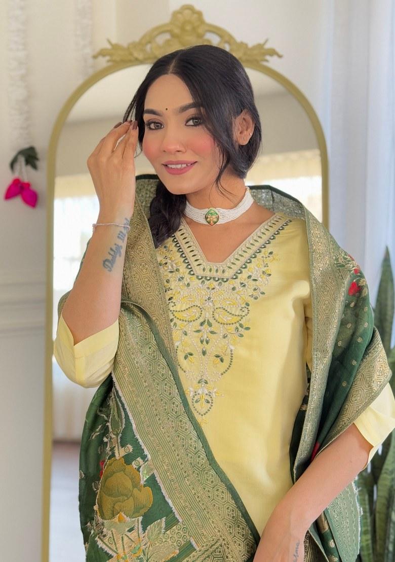 Yellow Printed Chanderi Salwar Kameez With Dupatta