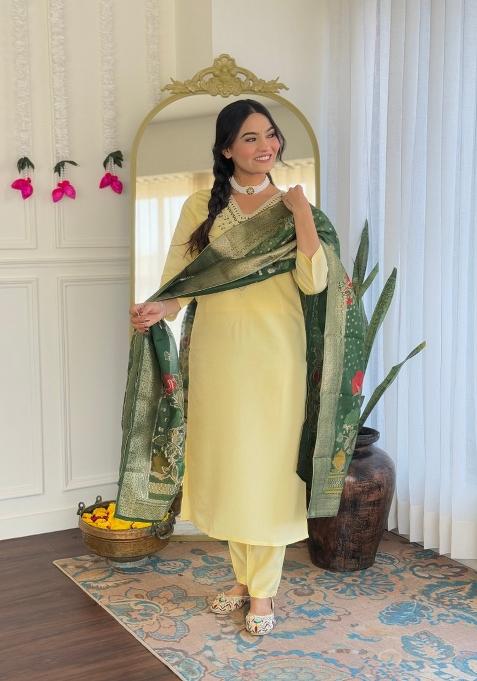 Yellow Printed Chanderi Salwar Kameez With Dupatta