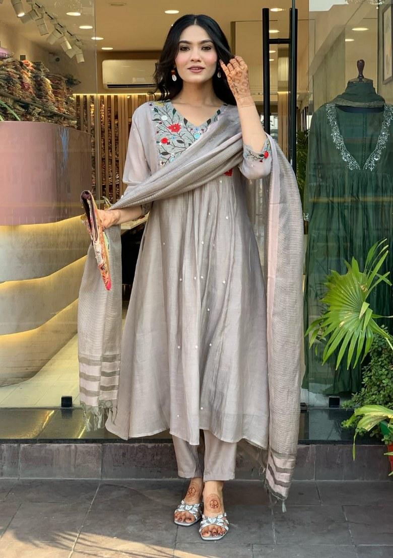 Grey Embroidered Viscose Salwar Kameez With Dupatta