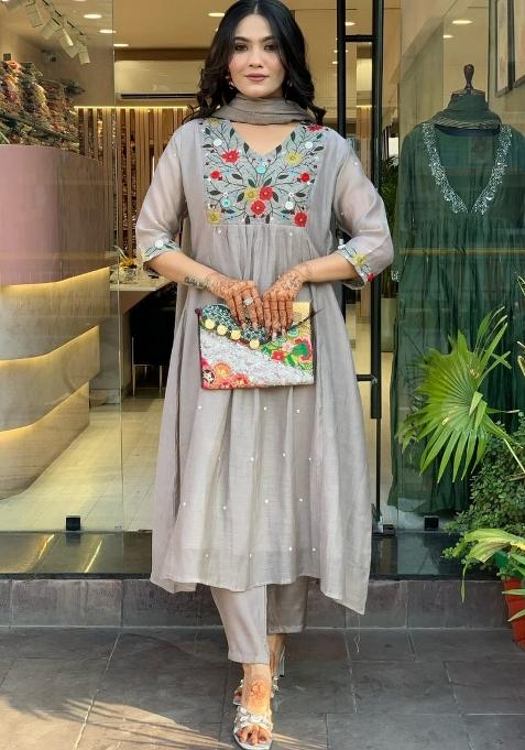 Grey Embroidered Viscose Salwar Kameez With Dupatta