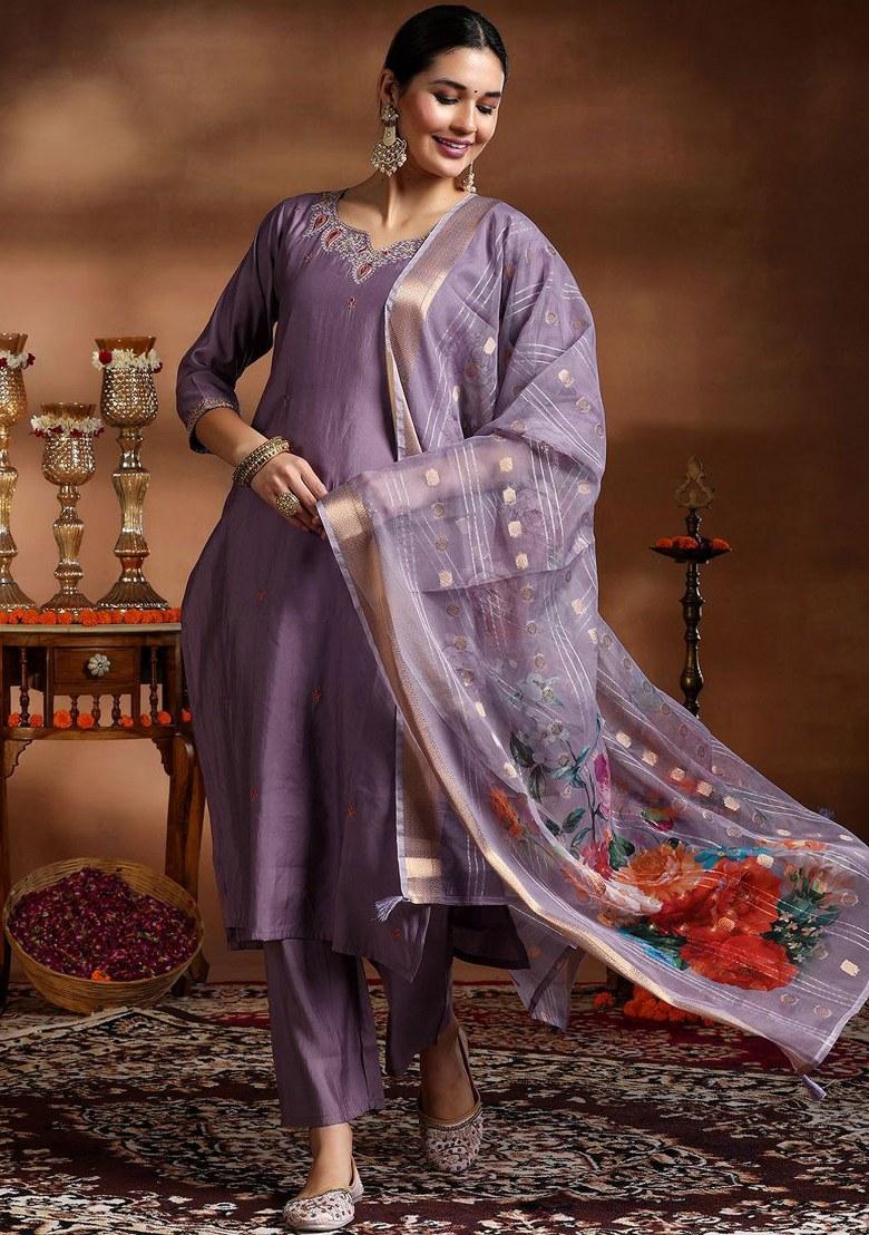 Purple Printed Viscose Salwar Kameez With Dupatta