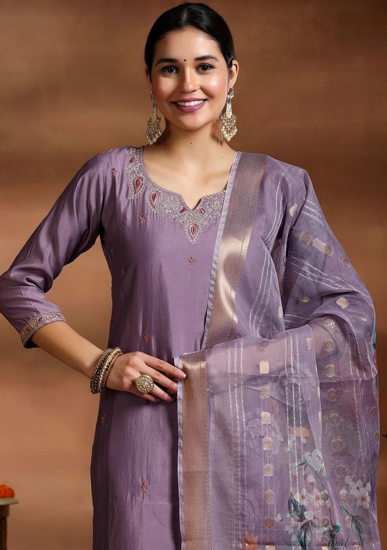 Purple Printed Viscose Salwar Kameez With Dupatta