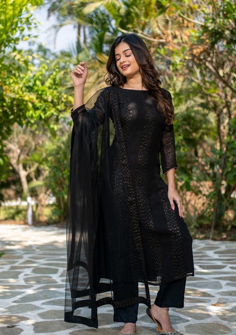 Black Embroidered Faux Georgette Salwar Kameez With Dupatta