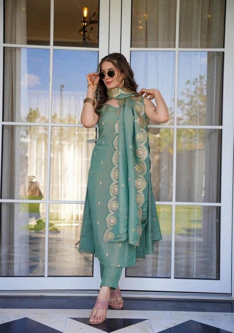 Green Embroidered Chanderi Salwar Kameez With Dupatta