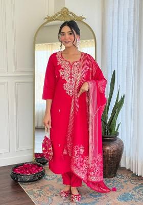 Pink Printed Art Silk Salwar Kameez With Dupatta