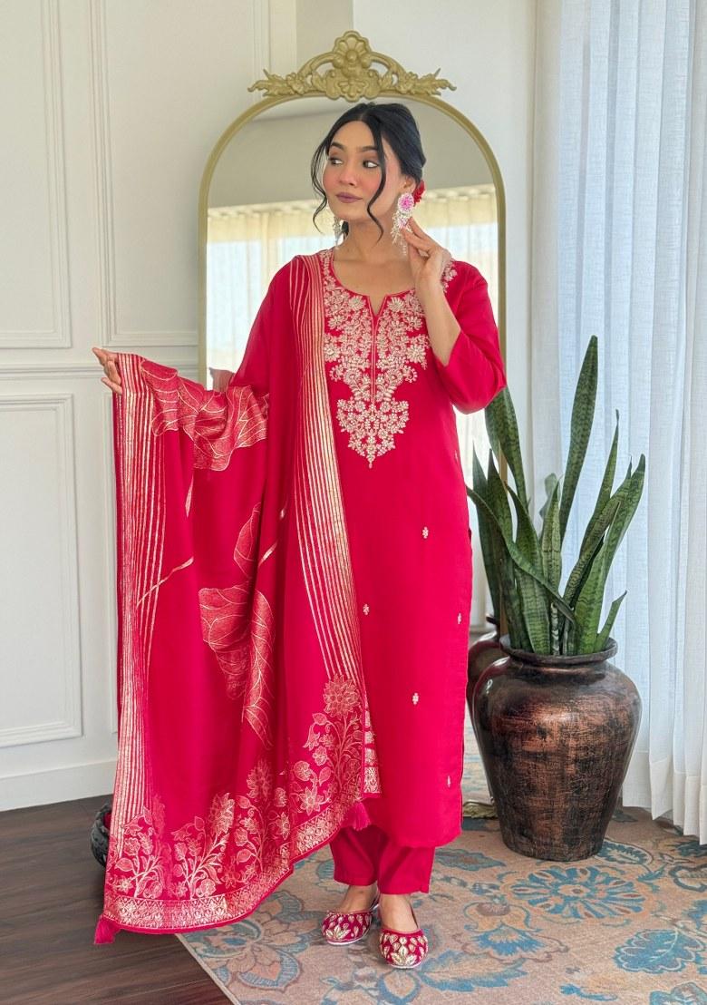 Pink Printed Art Silk Salwar Kameez With Dupatta