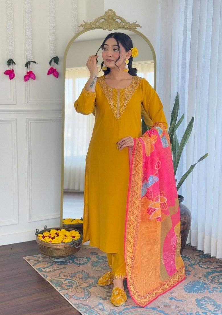 Mustard Yellow Embroidered Art Silk Salwar Kameez With Dupatta