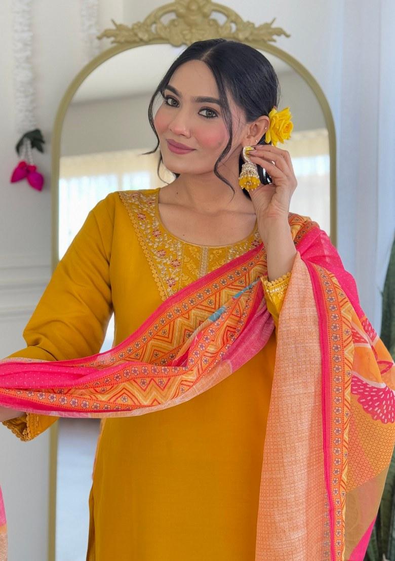 Mustard Yellow Embroidered Art Silk Salwar Kameez With Dupatta