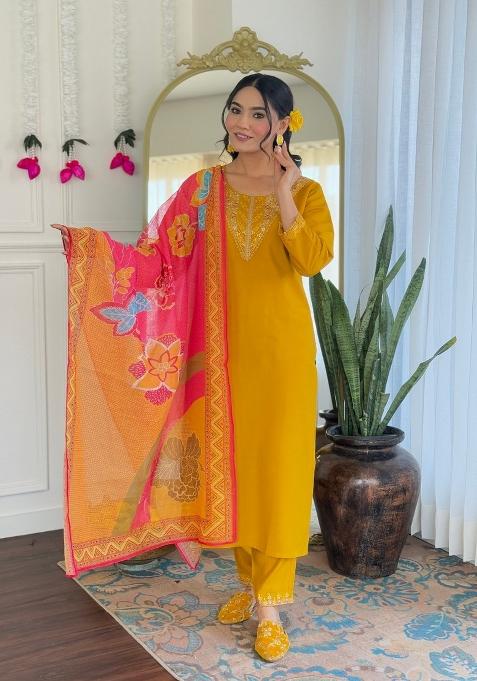 Mustard Yellow Embroidered Art Silk Salwar Kameez With Dupatta