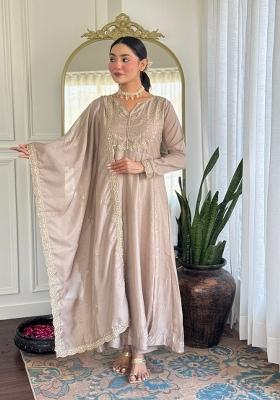 Brown Embroidered Art Silk Salwar Kameez With Dupatta