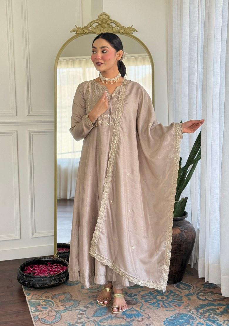 Brown Embroidered Art Silk Salwar Kameez With Dupatta