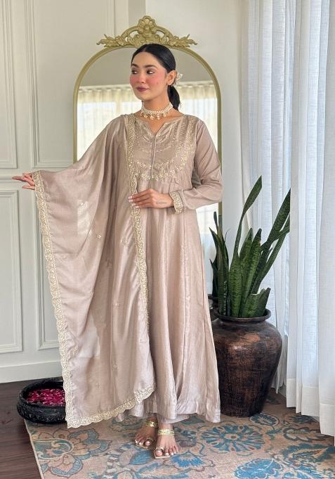 Brown Embroidered Art Silk Salwar Kameez With Dupatta