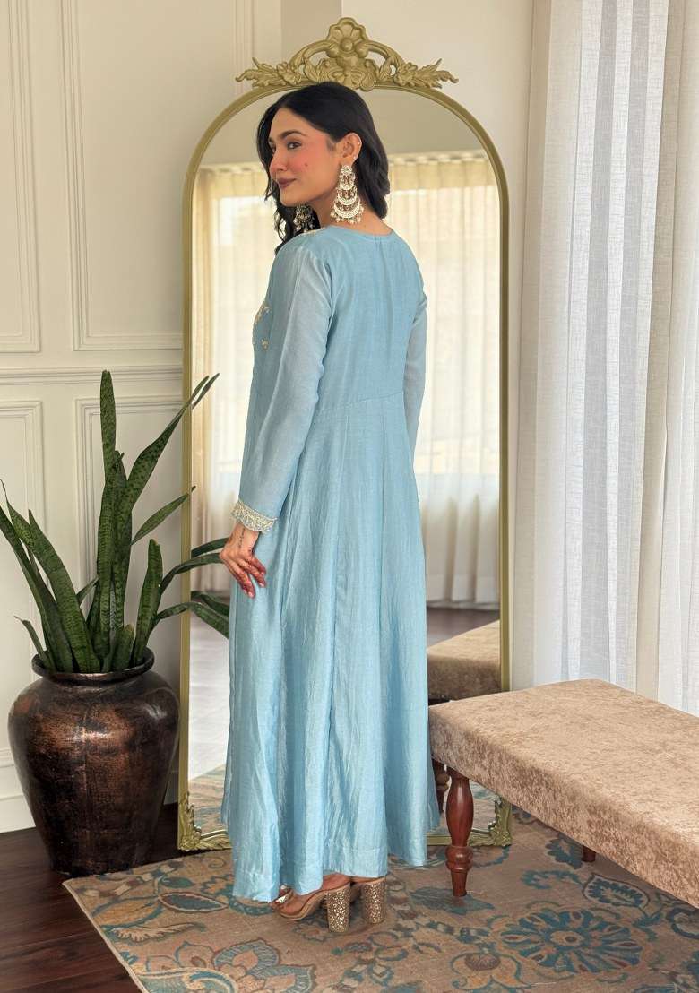 Sky Blue Embroidered Silk Straight Kurta Set - Indya