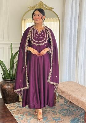 Wine Embroidered Art Silk Salwar Kameez With Dupatta